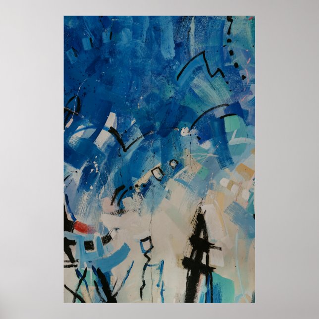 Poster Pintura de abstrato branco e azul (Frente)