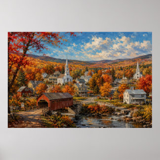 Poster Pintura de Aldeia de New England no Outono