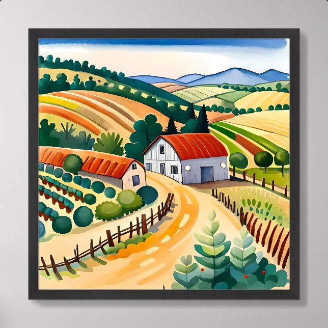 Poster pintura de aldeia fazenda média campo ar limpo (village painting house middle farm field clean air)