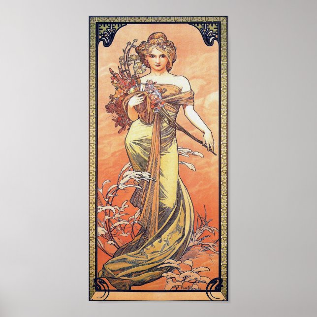 Poster Pintura de Alphonse Mucha - Flores Seguradoras (Frente)