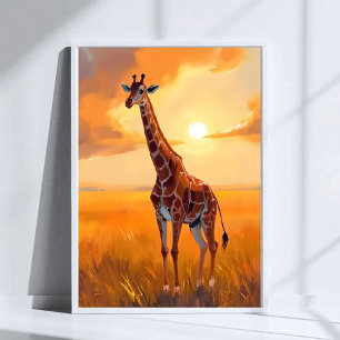 Poster Pintura de Animais Girafa Safari Pôr do Sol