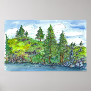 Póster Pintura de Aquarela nas Árvores do Lago Montanha
