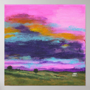 Póster Pintura de Arte na Paisagem, Pink Sunset, Casa Peq