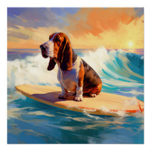 Póster Pintura de Basset Hound Surfando na Praia