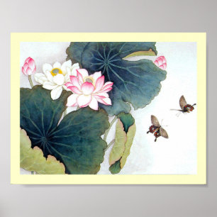 Poster pintura de borboleta rosa de folha de lótus chines