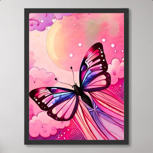 Poster pintura de borboleta voa para o sol da tarde rosa-