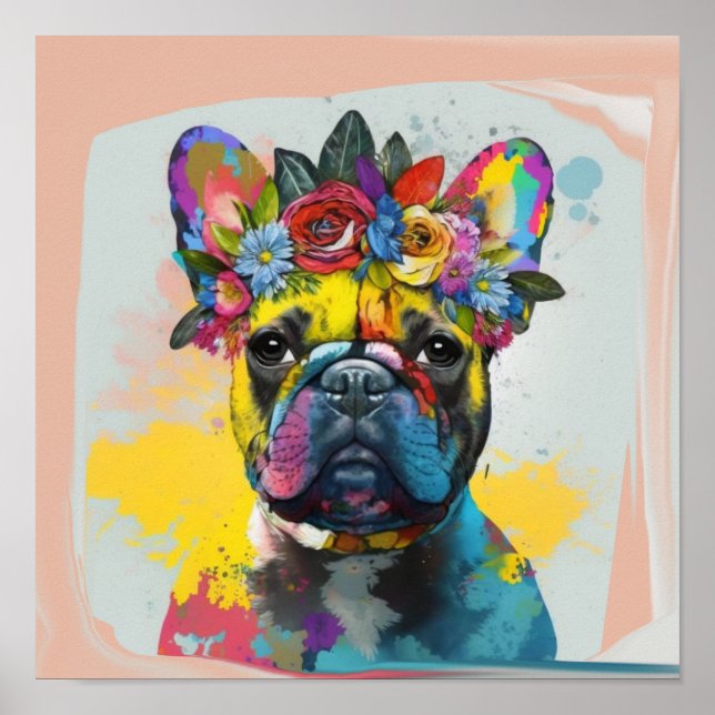 Poster pintura de Bulldog Francês abstrato floral (Frente)