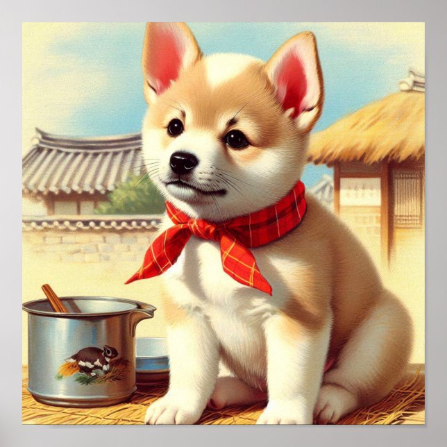 Poster Pintura de Cachorro Coreano Bonito Jindo (Frente)