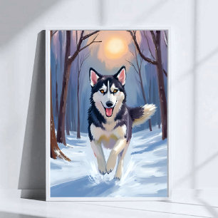 Poster Pintura de Cachorro Husky Siberiano Arte de Invern