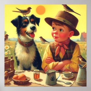 Poster Pintura de Cães e Crianças Retro Cujo Cão e Crianç