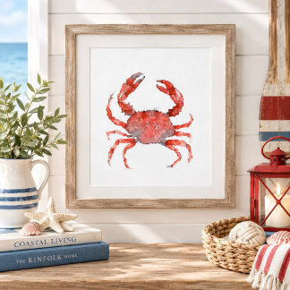 Poster Pintura de Caranguejo Vermelho em Aquarela Arte de