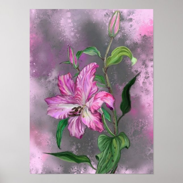 Poster Pintura de Cartaz de Flores de Lírio Rosa Roxo (Frente)