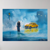 Pintura de casal romântica de táxi amarelo chuvoso