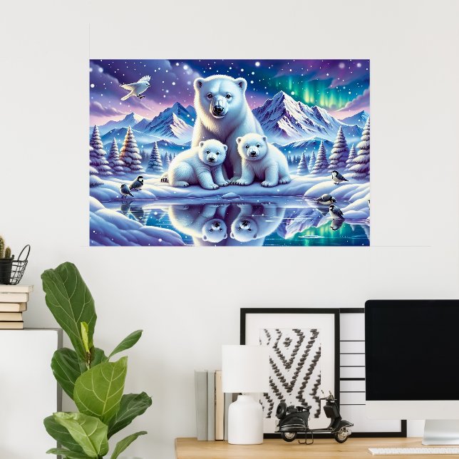 Poster Pintura de Cena Neve da Família Polar Bear (Escritório em casa)