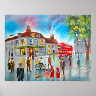Póster Pintura de cena vermelha da rua do ônibus do