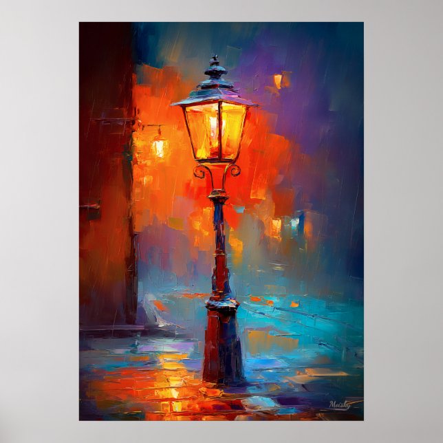 Poster Pintura de Cidade Noturna com Lampada de Rua Impre (Frente)