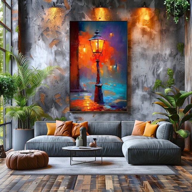 Poster Pintura de Cidade Noturna com Lampada de Rua Impre (Criador carregado)