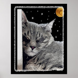 Póster Pintura de Cochilo de Gato para Amantes de Gatos e
