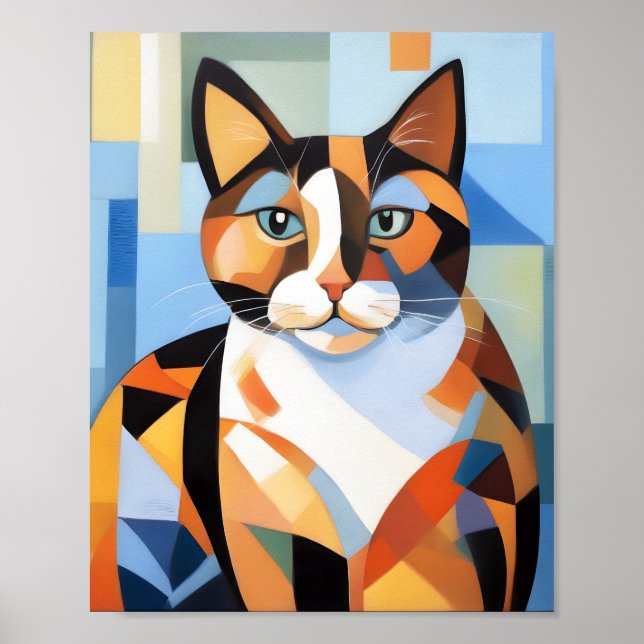 Poster Pintura de Composição de Gato Calico Cubista (Frente)
