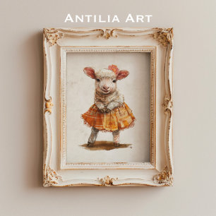 Poster Pintura de Cordeiro com Saia Laranja Animal Ovelha