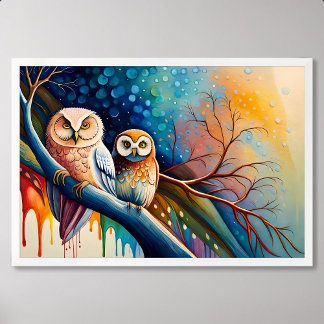 Poster pintura de coruja galho da árvore pintura gota a g