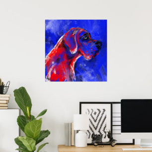 Póster Pintura de Dogue Alemão vermelho azul