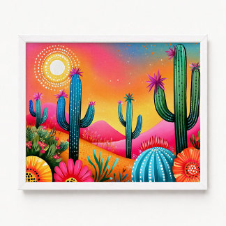 Poster Pintura de Flores de Cactus Saguaro Rosa Laranja