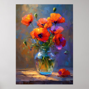 Poster Pintura de Flores de Papoula Impressionistas em Va