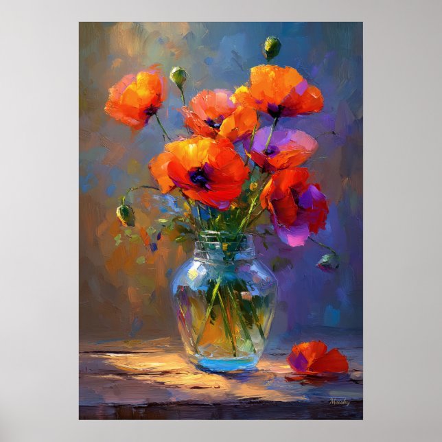 Poster Pintura de Flores de Papoula Impressionistas em Va (Frente)