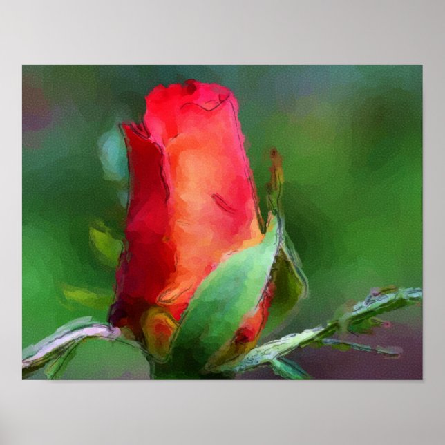 Póster Pintura de Fotografias com Aquarela de Flor Vermel (Frente)