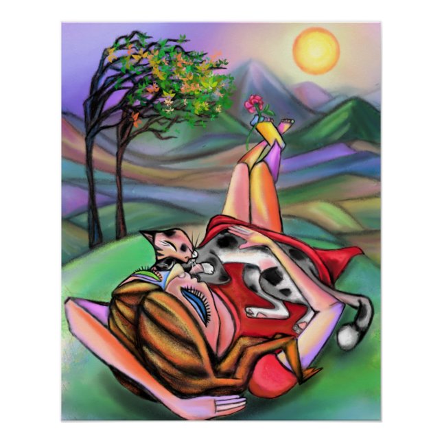 Póster Pintura de Garota e Gato na Natureza Poster (Frente)