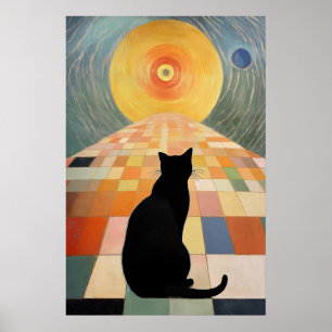 Poster Pintura de Gato abstrato - Gato Preto e Sol