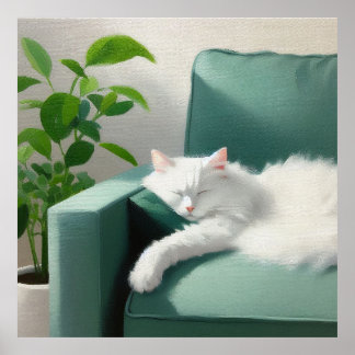 Poster Pintura de Gato Dormindo em um Golpe Verde