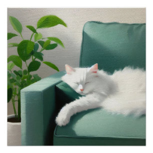 Póster Pintura de Gato Dormindo em um Golpe Verde