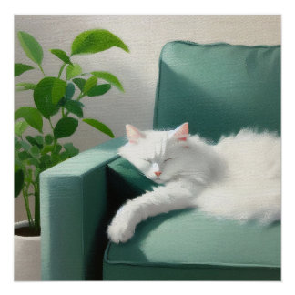 Póster Pintura de Gato Dormindo em um Golpe Verde