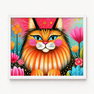 Poster Pintura de Gato Maine Coon Rosa e Laranja de Olhos