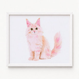 Poster Pintura de Gato Maine Coon Rosa Pastel