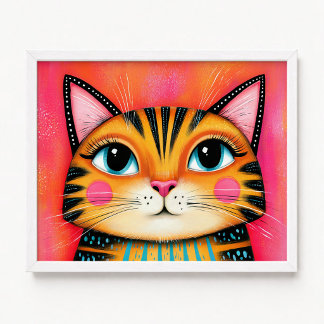 Poster Pintura de Gato Malhado Feminino Rosa e Laranja