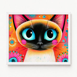 Poster Pintura de Gato Siamês Rosa e Laranja Close Up