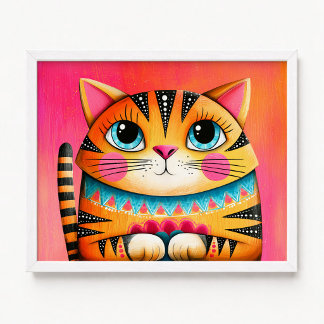Poster Pintura de Gato Tabby Rosa e Laranja de Olhos Azui