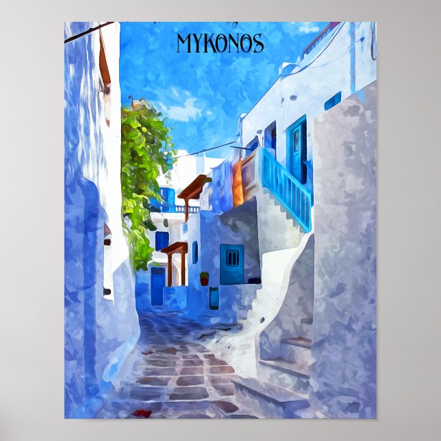 Poster Pintura de Grécia White Mykonos na moda Azul (Frente)