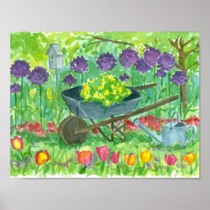 Póster Pintura de Jardim de Cão de Rodas com Flores de Al