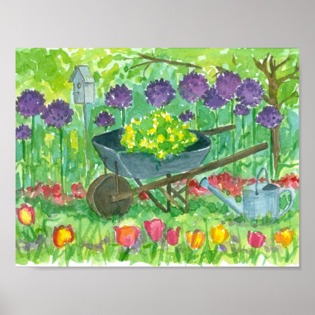 Póster Pintura de Jardim de Cão de Rodas com Flores de Al (Frente)