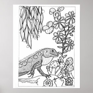 Poster Pintura de lagarto com flores 16"x 20"