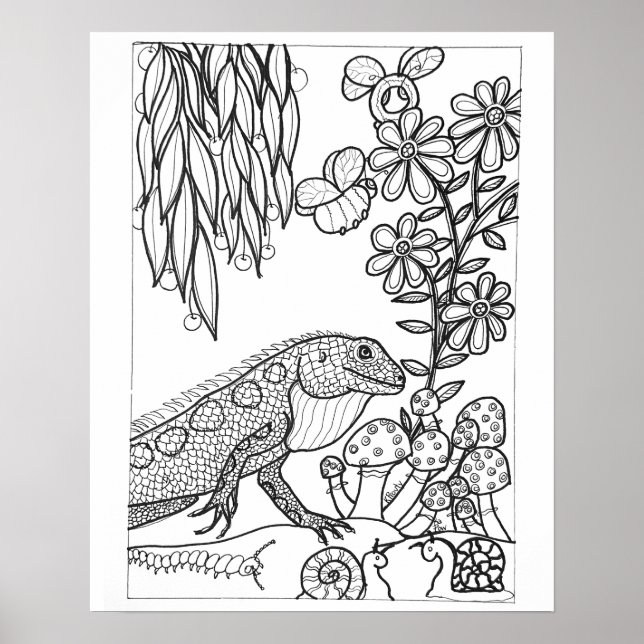 Poster Pintura de lagarto com flores 16"x 20" (Frente)