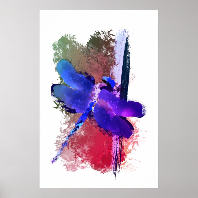 Poster Pintura de Libélula Inseto Azul Roxo (Frente)