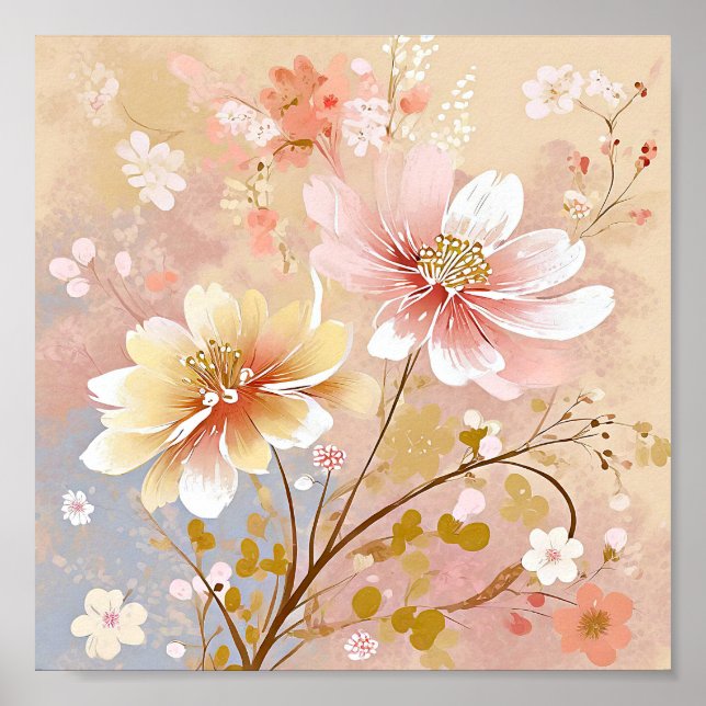Poster Pintura de lindas flores rosa e amarelas (Frente)