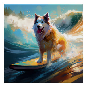Póster Pintura de Malamute do Alasca Surfando na Praia