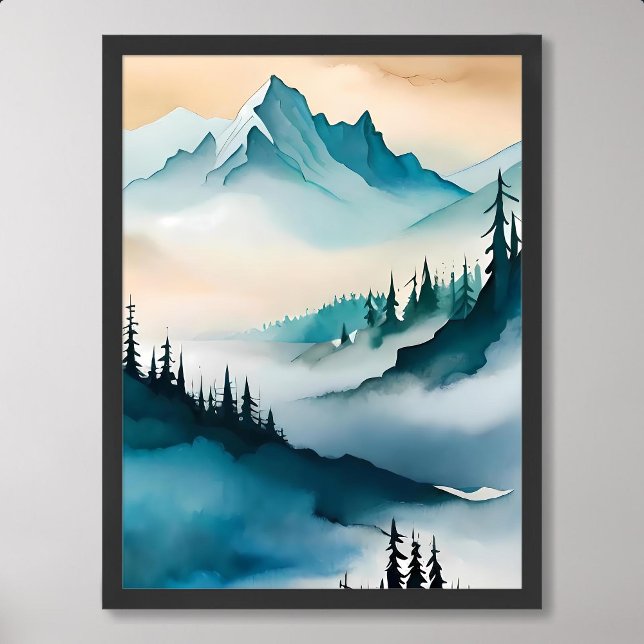 Poster pintura de montanha pintura azul de neblina (mountain painting blue hill fog cloud pine tree)
