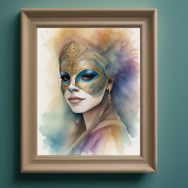 Poster Pintura de Mulher Aquarela Vestindo Máscara Venezi